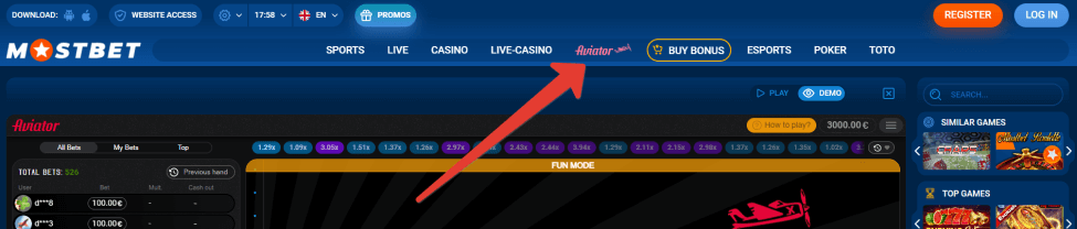 Location of the Aviator game on the Mostbet casino website
