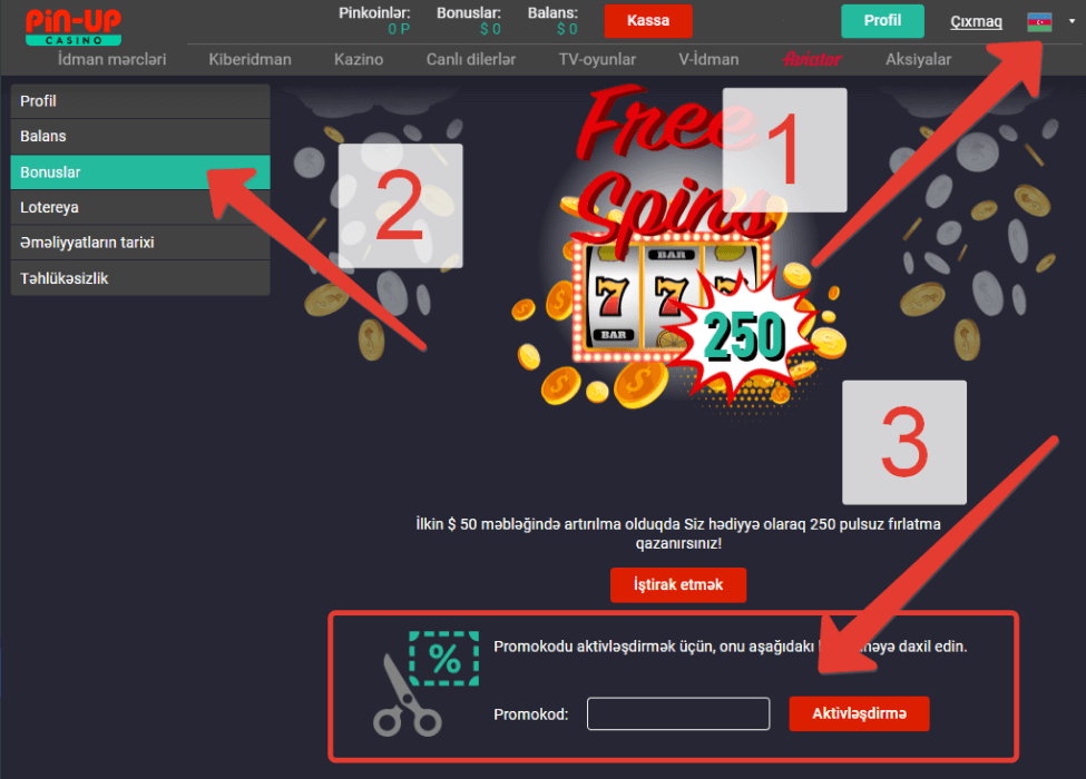 Pin-Up Aviator-da qeydiyyatdan keçərkən promosyon kodunun aktivləşdirilməsi