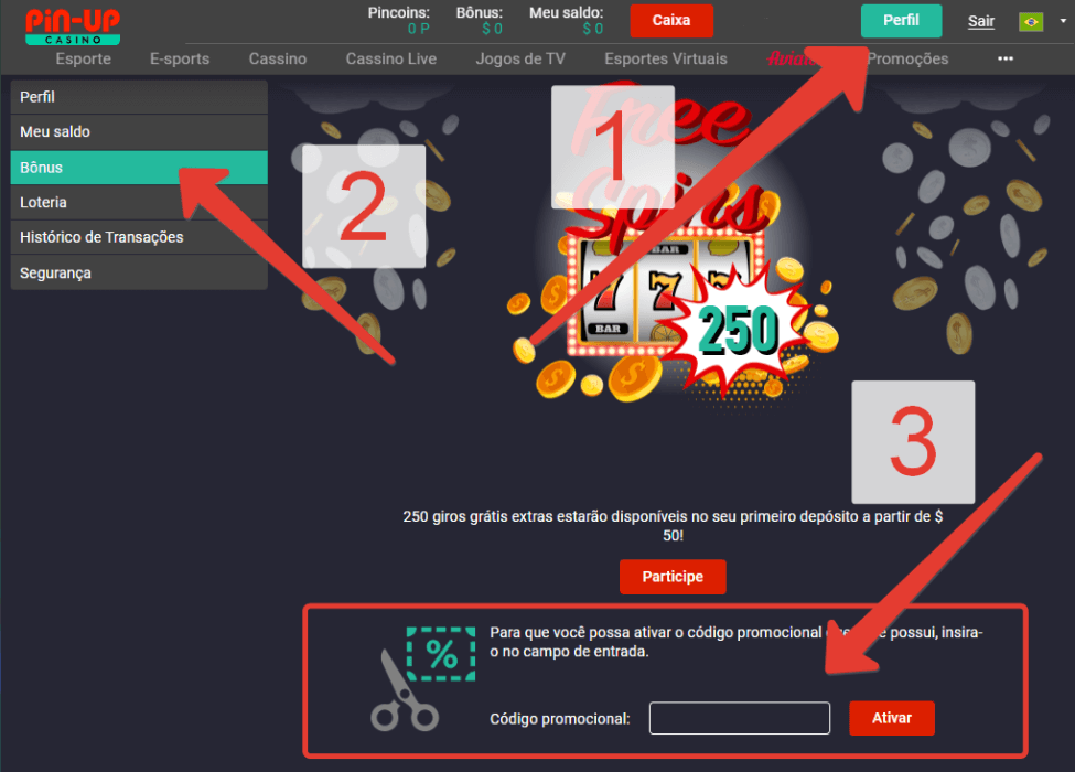 Ativação do código promocional ao se registrar no Pin-Up Aviator