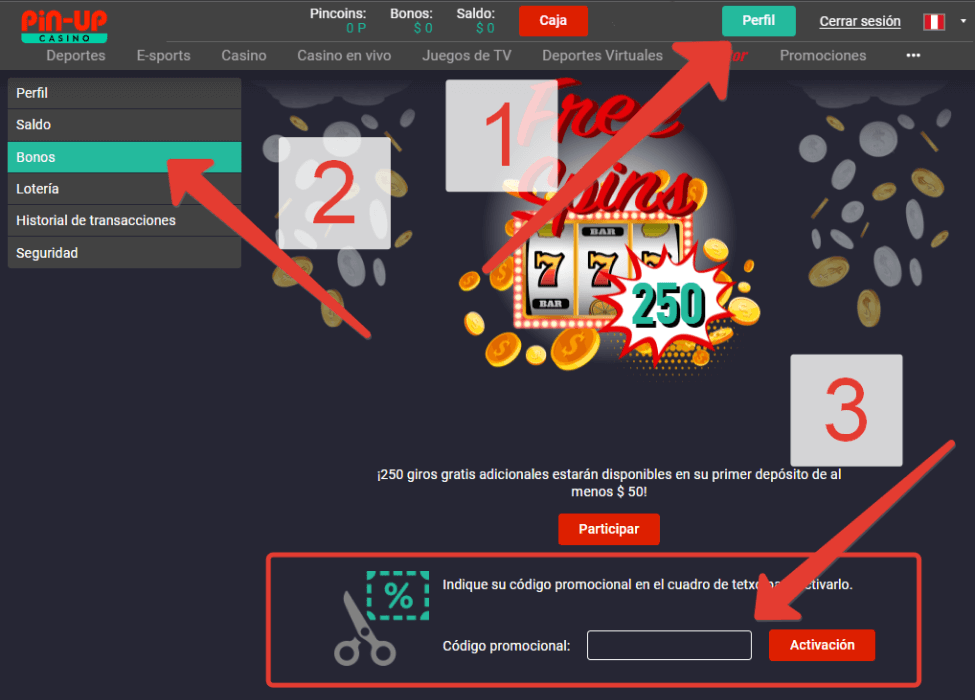 Activación del código promocional al registrarse en Pin-Up Aviator