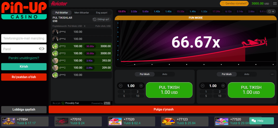 Pin-Up veb-saytida Aviator o'yini
