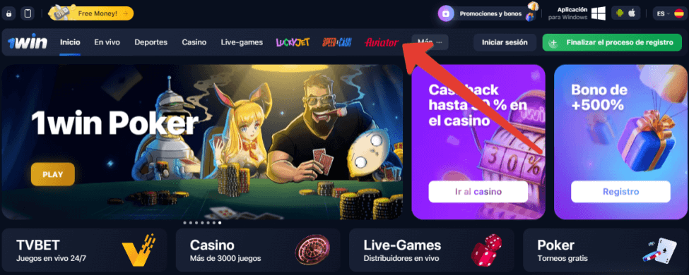 Localización del juego Aviator en 1WIN