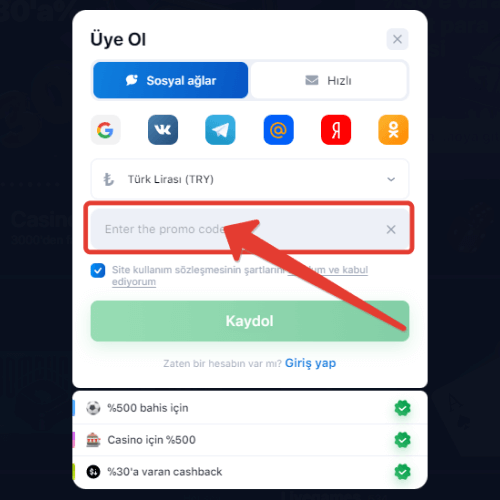 1WIN Aviator'a kayıt olurken promosyon kodunun etkinleştirilmesi