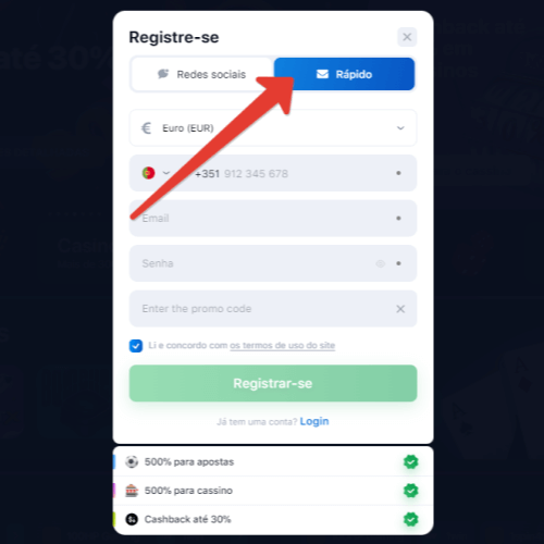 Registro rápido no jogo Aviator