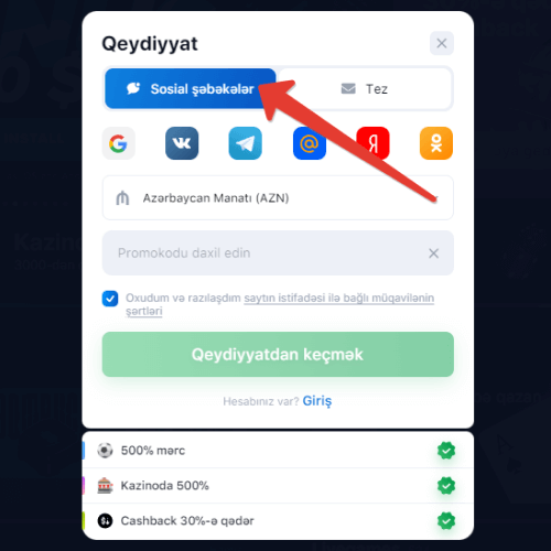 Aviator oyununda sosial şəbəkələr vasitəsilə qeydiyyat