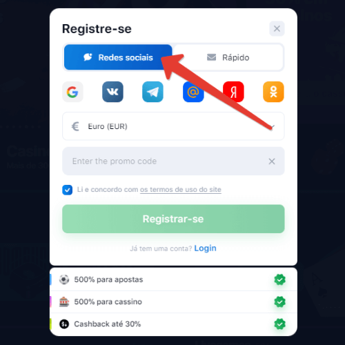 Registro via redes sociais no jogo Aviator