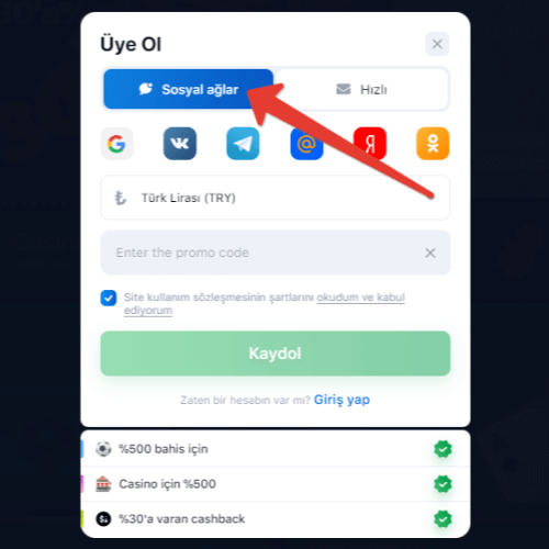 Aviator oyununa sosyal ağlar üzerinden kayıt